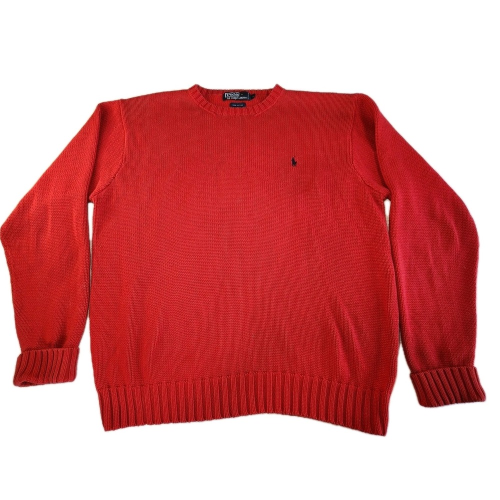 POLO RALPH LAUREN‎ 90's Knit Sweater Mens Large Red Cotton Navy Blue Pony VTG